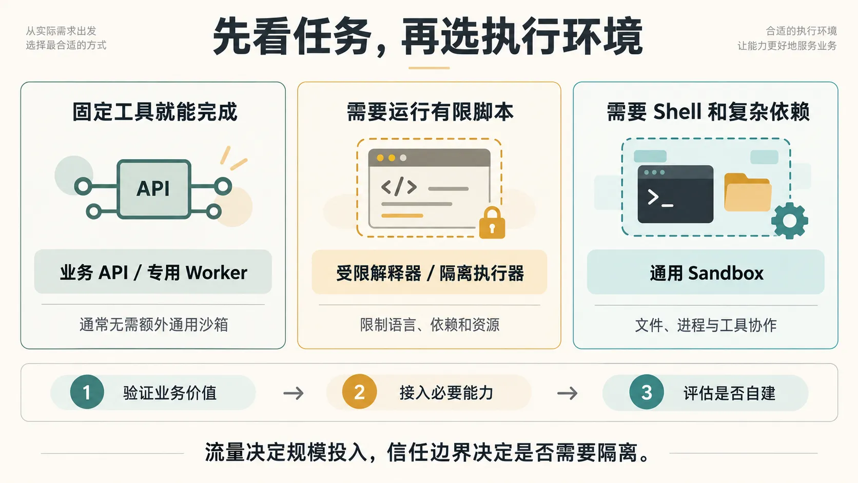 按任务需求选择业务 API、受限解释器或通用 Sandbox,先验证业务价值,再接入必要能力,最后评估是否自建。